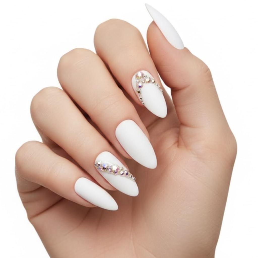 Amazon.com: Matte White 3D Crystal Design Press On Nails, Long